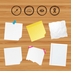 Business paper banners with notes. Medicine icons. Syringe, eye, brain and ribbon signs. Breast cancer awareness symbol. Human intelligent smart mind. Sticky colorful tape. Vector