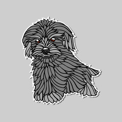 Black and white Dog with red eyes isolated on the grey background with shadows. Animal sticker. Realistic design element. Good for tattoo, print, posters, t-shirts and textile. Vector illustration