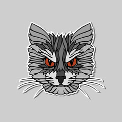 Black and white Cat head with red eyes isolated on  grey background with shadows. Animal sticker. Realistic design element. Good for tattoo, print, posters, t-shirts and textile. Vector illustration