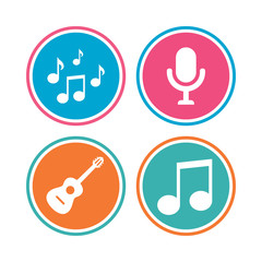Music icons. Microphone karaoke symbol. Music notes and acoustic guitar signs. Colored circle buttons. Vector
