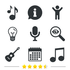 Music icons. Microphone karaoke symbol. Music notes and acoustic guitar signs. Information, light bulb and calendar icons. Investigate magnifier. Vector