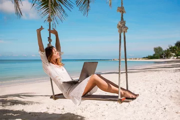 Fotobehang Beautiful Business Woman Working Online On Laptop Computer © hvoenok