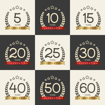 Vector set of anniversary signs, symbols. 5, 10, 15, 20, 25, 30, 40, 50, 60 years jubilee design elements collection.