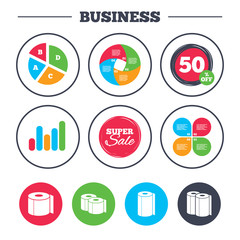 Business pie chart. Growth graph. Toilet paper icons. Kitchen roll towel symbols. WC paper signs. Super sale and discount buttons. Vector