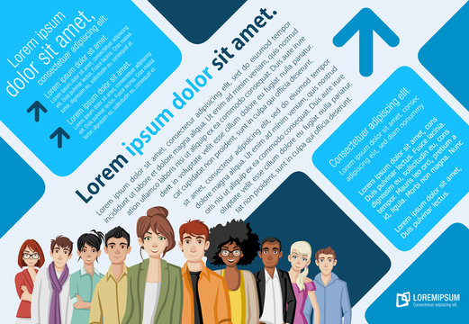Template for advertising brochure with cartoon young people.

