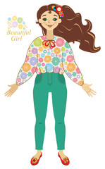 Beautiful girl. Vector illustration female figure of a isolated on white background. Young girl with brown hair and flowers.
