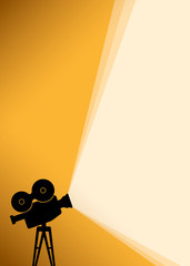 Cinema poster background with black Silhouette of camera or projector with yellow light rays. Vector illustration