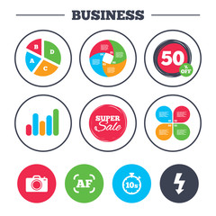 Business pie chart. Growth graph. Photo camera icon. Flash light and autofocus AF symbols. Stopwatch timer 10 seconds sign. Super sale and discount buttons. Vector