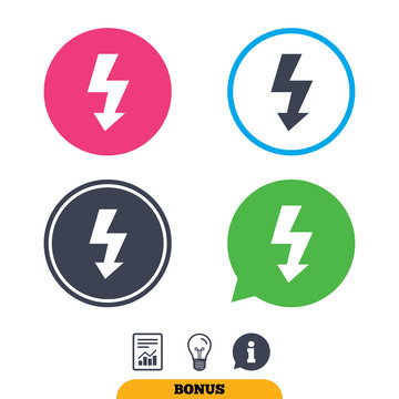 Photo flash sign icon. Lightning symbol. Report document, information sign and light bulb icons. Vector