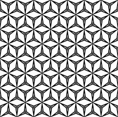 Vector seamless pattern, black & white monochrome mosaic background. Linear figures, triangles, rhombuses. Simple abstract geometric texture. Design element for prints, decoration, digital, identity