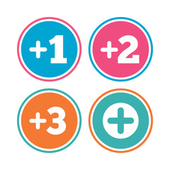Obraz premium Plus icons. Positive symbol. Add one, two, three and four more sign. Colored circle buttons. Vector