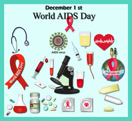 Set - World AIDS Day. Protect yourself from AIDS. Use a condom. The HIV virus. The test for HIV. Infographics. Red ribbon.