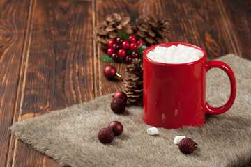 Mug Of Hot Chocolate Or Coffee With Marshmallows. Christmas Deco