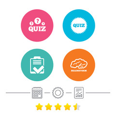 Quiz icons. Brainstorm or human think. Checklist symbol. Survey poll or questionnaire feedback form. Questions and answers game sign. Calendar, cogwheel and report linear icons. Star vote ranking