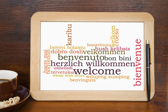 blackboard with welcome word cloud