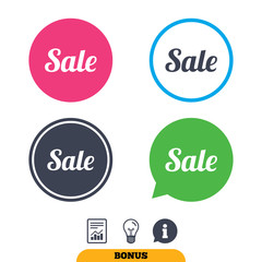 Sale sign icon. Special offer symbol. Report document, information sign and light bulb icons. Vector