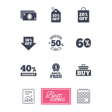 Sale discounts icon. Shopping cart, buying and cash money signs. 40, 50 and 60 percent off. Special offer symbols. Report document, calendar icons. Vector