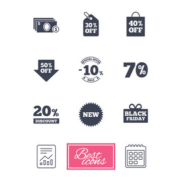 Sale discounts icon. Shopping, black friday and cash money signs. 10, 20, 50 and 70 percent off. Special offer symbols. Report document, calendar icons. Vector