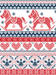 Seamless Scandinavian Printed Textile style and inspired by Norwegian Christmas and festive winter seamless pattern in cross stitch with snowflakes, rocking horse, angel hearts, ornaments

