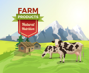 Flat cow field countryside building vector Natural farm products