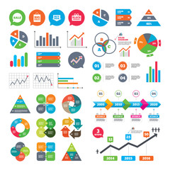 Business charts. Growth graph. Sale speech bubble icons. Buy now arrow symbols. Black friday gift box signs. Big sale shopping bag. Market report presentation. Vector
