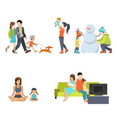 Flat Family snowman gym exercises dog TV vector parenting