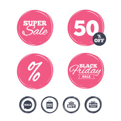 Super sale and black friday stickers. Sale speech bubble icons. Buy cart symbols. Black friday gift box signs. Big sale shopping bag. Shopping labels. Vector