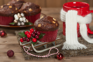 Chocolate Muffins With White Chocolate Chips. Mug Of Tea Or Coff