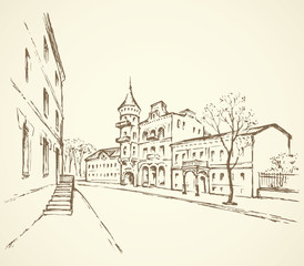 Obraz premium Street of old town. Vector drawing