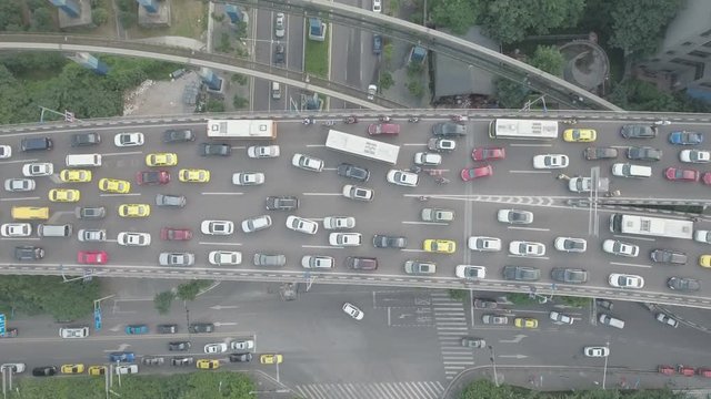 Overhead aerial view of traffic jam in Chongqing, China