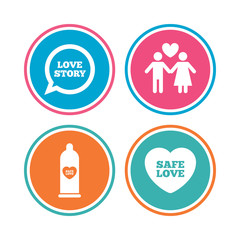 Condom safe sex icons. Lovers couple signs. Male love female. Speech bubble with heart. Colored circle buttons. Vector