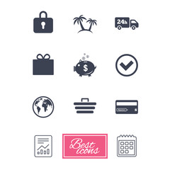 Online shopping, e-commerce and business icons. Credit card, gift box and protection signs. Piggy bank, delivery and tick symbols. Report document, calendar icons. Vector