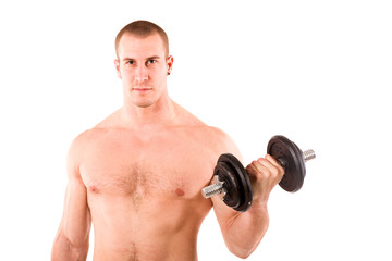 Fototapeta na wymiar Muscular guy doing exercises with dumbbells over white background