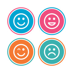 Smile icons. Happy, sad and wink faces symbol. Laughing lol smiley signs. Colored circle buttons. Vector