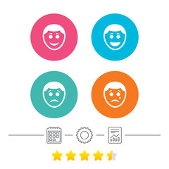 Human smile face icons. Happy, sad, cry signs. Happy smiley chat symbol. Sadness depression and crying signs. Calendar, cogwheel and report linear icons. Star vote ranking. Vector