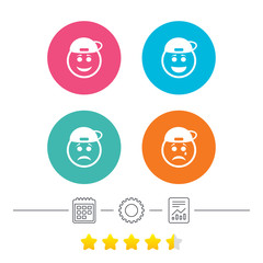 Rapper smile face icons. Happy, sad, cry signs. Happy smiley chat symbol. Sadness depression and crying signs. Calendar, cogwheel and report linear icons. Star vote ranking. Vector