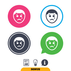 Sad face with tear sign icon. Crying chat symbol. Report document, information sign and light bulb icons. Vector