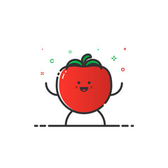 Vector illustration of funny tomato character cartoon isolated in line style. Linear red cute vegetable icon with face smile. Flat design for banner, web page and mobile app. Outline vegan expression.