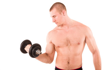 Fototapeta na wymiar Fitness man lifting weights on white background