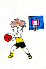 Boy playing basketball. Drawing on paper. White background