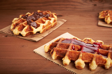 Belgian waffles on a wooden table