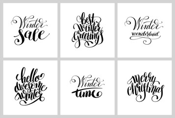 set of winter black and white handwritten lettering inscription 