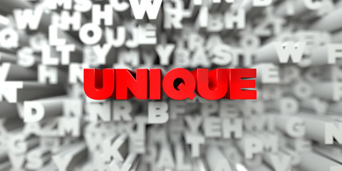 UNIQUE -  Red text on typography background - 3D rendered royalty free stock image. This image can be used for an online website banner ad or a print postcard.