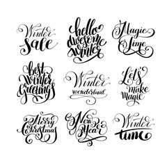set of winter black and white handwritten lettering inscription 