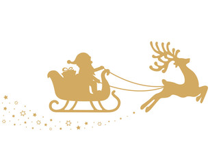 gold santa sleigh stars white background