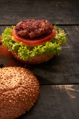 hamburger on a wooden table