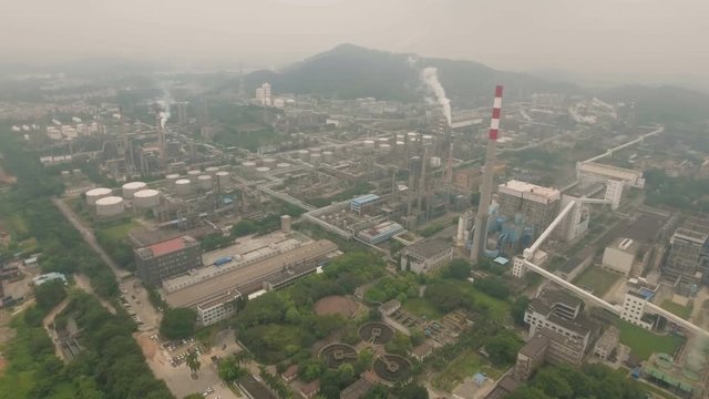 Aerial view of a massive petrochemical facility oil refinery plant in Guangzhou, China