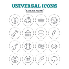 Universal icons. Information, shopping basket and shower. Repair tool, home key and brush. Comic speech bubble, target aim and quotes. Round flat buttons with linear icons. Vector