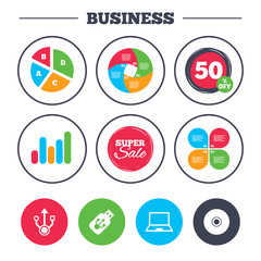 Business pie chart. Growth graph. Usb flash drive icons. Notebook or Laptop pc symbols. CD or DVD sign. Compact disc. Super sale and discount buttons. Vector