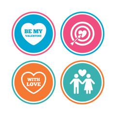 Valentine day love icons. Target aim with heart and arrow symbol. Couple lovers sign. Colored circle buttons. Vector